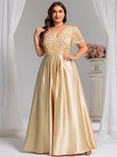 Load image into Gallery viewer, Color=champagne | Factory Design Short Sleeve Ruffle Sheer Appliques V Neck Bridesmaid Dress-champagne 3