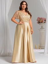 Load image into Gallery viewer, Color=champagne | Factory Design Short Sleeve Ruffle Sheer Appliques V Neck Bridesmaid Dress-champagne 4