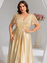 Load image into Gallery viewer, Color=champagne | Factory Design Short Sleeve Ruffle Sheer Appliques V Neck Bridesmaid Dress-champagne 5