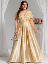 Load image into Gallery viewer, Color=champagne | Factory Design Short Sleeve Ruffle Sheer Appliques V Neck Bridesmaid Dress-champagne 1