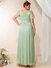 Load image into Gallery viewer, Color=Mint Green | Volume Discounts Plus Size Short Sleeve Ruffle Deep V-Neck A-Line Floor Length Evening Dresses-Mint Green 2
