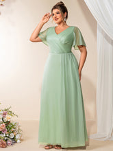 Load image into Gallery viewer, Color=Mint Green | Volume Discounts Plus Size Short Sleeve Ruffle Deep V-Neck A-Line Floor Length Evening Dresses-Mint Green 4