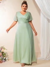 Load image into Gallery viewer, Color=Mint Green | Volume Discounts Plus Size Short Sleeve Ruffle Deep V-Neck A-Line Floor Length Evening Dresses-Mint Green 5