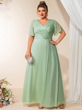 Load image into Gallery viewer, Color=Mint Green | Volume Discounts Plus Size Short Sleeve Ruffle Deep V-Neck A-Line Floor Length Evening Dresses-Mint Green 1