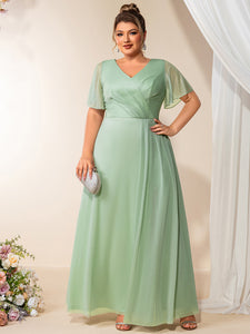 Color=Mint Green | Volume Discounts Plus Size Short Sleeve Ruffle Deep V-Neck A-Line Floor Length Evening Dresses-Mint Green 1