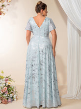 Load image into Gallery viewer, Color=Sky Blue | Bulk Order Plus Size Short Sleeve Ruffle A-Line Floor Length V-Neck Evening Dresses-Sky Blue 2
