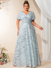 Load image into Gallery viewer, Color=Sky Blue | Bulk Order Plus Size Short Sleeve Ruffle A-Line Floor Length V-Neck Evening Dresses-Sky Blue 5