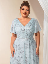 Load image into Gallery viewer, Color=Sky Blue | Bulk Order Plus Size Short Sleeve Ruffle A-Line Floor Length V-Neck Evening Dresses-Sky Blue 3