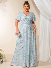Load image into Gallery viewer, Color=Sky Blue | Bulk Order Plus Size Short Sleeve Ruffle A-Line Floor Length V-Neck Evening Dresses-Sky Blue 1