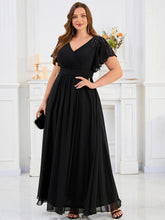Load image into Gallery viewer, Color=Black | Fast Delivery Plus Size Short Sleeve Ruffle V-Neck Pleated A-Line Floor Length Evening Dresses-Black 4