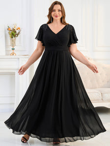 Color=Black | Fast Delivery Plus Size Short Sleeve Ruffle V-Neck Pleated A-Line Floor Length Evening Dresses-Black 5