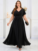 Load image into Gallery viewer, Color=Black | Fast Delivery Plus Size Short Sleeve Ruffle V-Neck Pleated A-Line Floor Length Evening Dresses-Black 1