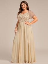 Load image into Gallery viewer, Color=Champagne | Commercial Wholesale Plus Size Short Sleeve Ruffle V-Neck A-Line Floor Length Evening Dress Evenings Dresses-Champagne 4