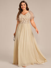 Load image into Gallery viewer, Color=Champagne | Commercial Wholesale Plus Size Short Sleeve Ruffle V-Neck A-Line Floor Length Evening Dress Evenings Dresses-Champagne 1