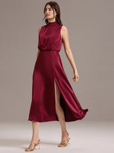 Load image into Gallery viewer, Color=Burgundy | Wholesale High Neck Sleeveless Midi-Length Satin Evening Dress-Burgundy 3