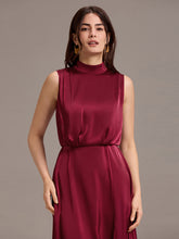 Load image into Gallery viewer, Color=Burgundy | Wholesale High Neck Sleeveless Midi-Length Satin Evening Dress-Burgundy 5