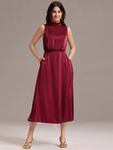 Load image into Gallery viewer, Color=Burgundy | Wholesale High Neck Sleeveless Midi-Length Satin Evening Dress-Burgundy 1