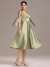 Load image into Gallery viewer, Color=Sage Green | Wholesale V-Neck Sleeveless Tie-Shoulder Midi-Length Satin Dress-Sage Green 3