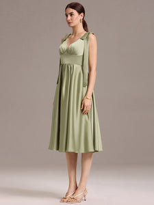 Color=Sage Green | Wholesale V-Neck Sleeveless Tie-Shoulder Midi-Length Satin Dress-Sage Green 4