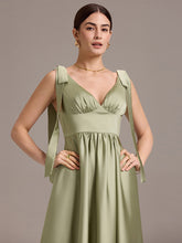 Load image into Gallery viewer, Color=Sage Green | Wholesale V-Neck Sleeveless Tie-Shoulder Midi-Length Satin Dress-Sage Green 5