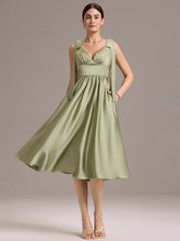 Load image into Gallery viewer, Color=Sage Green | Wholesale V-Neck Sleeveless Tie-Shoulder Midi-Length Satin Dress-Sage Green 1
