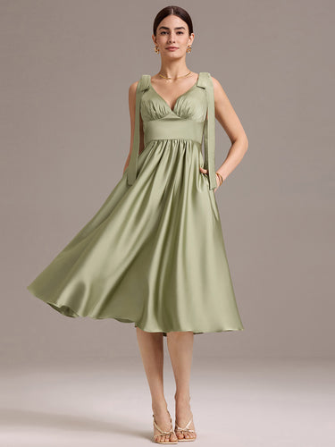 Color=Sage Green | Wholesale V-Neck Sleeveless Tie-Shoulder Midi-Length Satin Dress-Sage Green 1