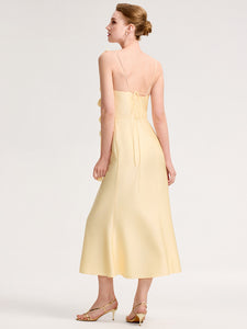 Color=Yellow | Wholesale Pricing Strapless Fishtail Non-Stretch Midi Dress with Floral Tie-Front | Wedding Guest Dresses-Yellow 2