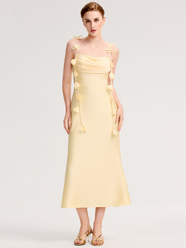 Color=Yellow | Wholesale Pricing Strapless Fishtail Non-Stretch Midi Dress with Floral Tie-Front | Wedding Guest Dresses-Yellow 1