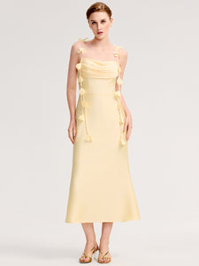 Color=Yellow | Wholesale Pricing Strapless Fishtail Non-Stretch Midi Dress with Floral Tie-Front | Wedding Guest Dresses-Yellow 1