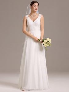 Color=White | Wholesale V Neck A Line Sleeveless Backless Floor-Length Wedding Dress-White 3
