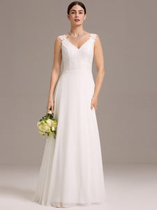 Color=White | Wholesale V Neck A Line Sleeveless Backless Floor-Length Wedding Dress-White 1
