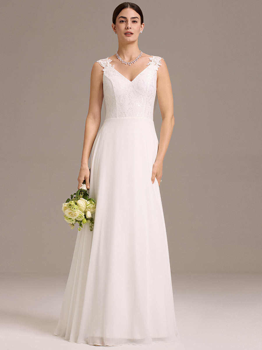 Color=White | Wholesale V Neck A Line Sleeveless Backless Floor-Length Wedding Dress-White 1