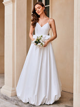 Load image into Gallery viewer, Color=White | Wholesale V-Neck Spaghetti Strap A-Line Floor-Length Wedding Dress with Bowknot-White 4
