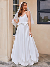 Load image into Gallery viewer, Color=White | Wholesale V-Neck Spaghetti Strap A-Line Floor-Length Wedding Dress with Bowknot-White 1
