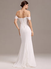 Load image into Gallery viewer, Color=White | Off Shoulder A Line Short Sleeves Floor-Length Wedding Dress with See-through Detail-White 2