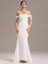 Load image into Gallery viewer, Color=White | Off Shoulder A Line Short Sleeves Floor-Length Wedding Dress with See-through Detail-White 3