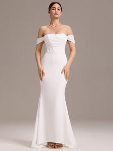 Color=White | Off Shoulder A Line Short Sleeves Floor-Length Wedding Dress with See-through Detail-White 3