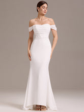 Load image into Gallery viewer, Color=White | Off Shoulder A Line Short Sleeves Floor-Length Wedding Dress with See-through Detail-White 4