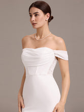 Load image into Gallery viewer, Color=White | Off Shoulder A Line Short Sleeves Floor-Length Wedding Dress with See-through Detail-White 5