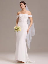 Load image into Gallery viewer, Color=White | Off Shoulder A Line Short Sleeves Floor-Length Wedding Dress with See-through Detail-White 1