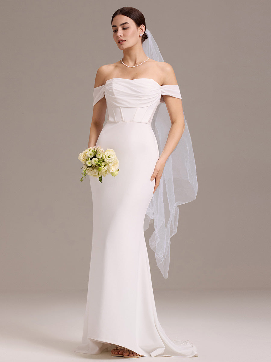 Color=White | Off Shoulder A Line Short Sleeves Floor-Length Wedding Dress with See-through Detail-White 1