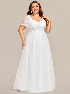 Color=White | Sweetheart Short Sleeves A-Line Floor-Length Wedding Dress with See-through Details-White 5