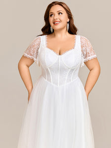 Color=White | Sweetheart Short Sleeves A-Line Floor-Length Wedding Dress with See-through Details-White 3