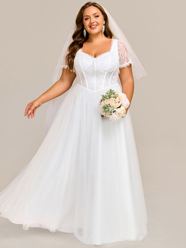 Color=White | Sweetheart Short Sleeves A-Line Floor-Length Wedding Dress with See-through Details-White 1