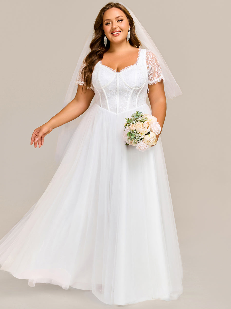 Color=White | Sweetheart Short Sleeves A-Line Floor-Length Wedding Dress with See-through Details-White 1