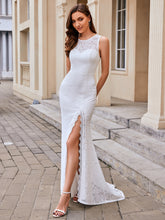 Load image into Gallery viewer, Color=White | Wholesale Round Neck Sleeveless Bodycon Fishtail Floor-Length Bridal Dress-White 4