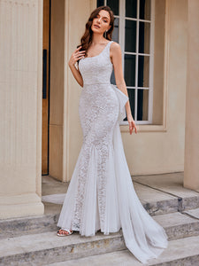 Color=Ivory | Wholesale U-Neck Sleeveless Bodycon Fishtail Floor-Length Bridal Dress-Ivory 1
