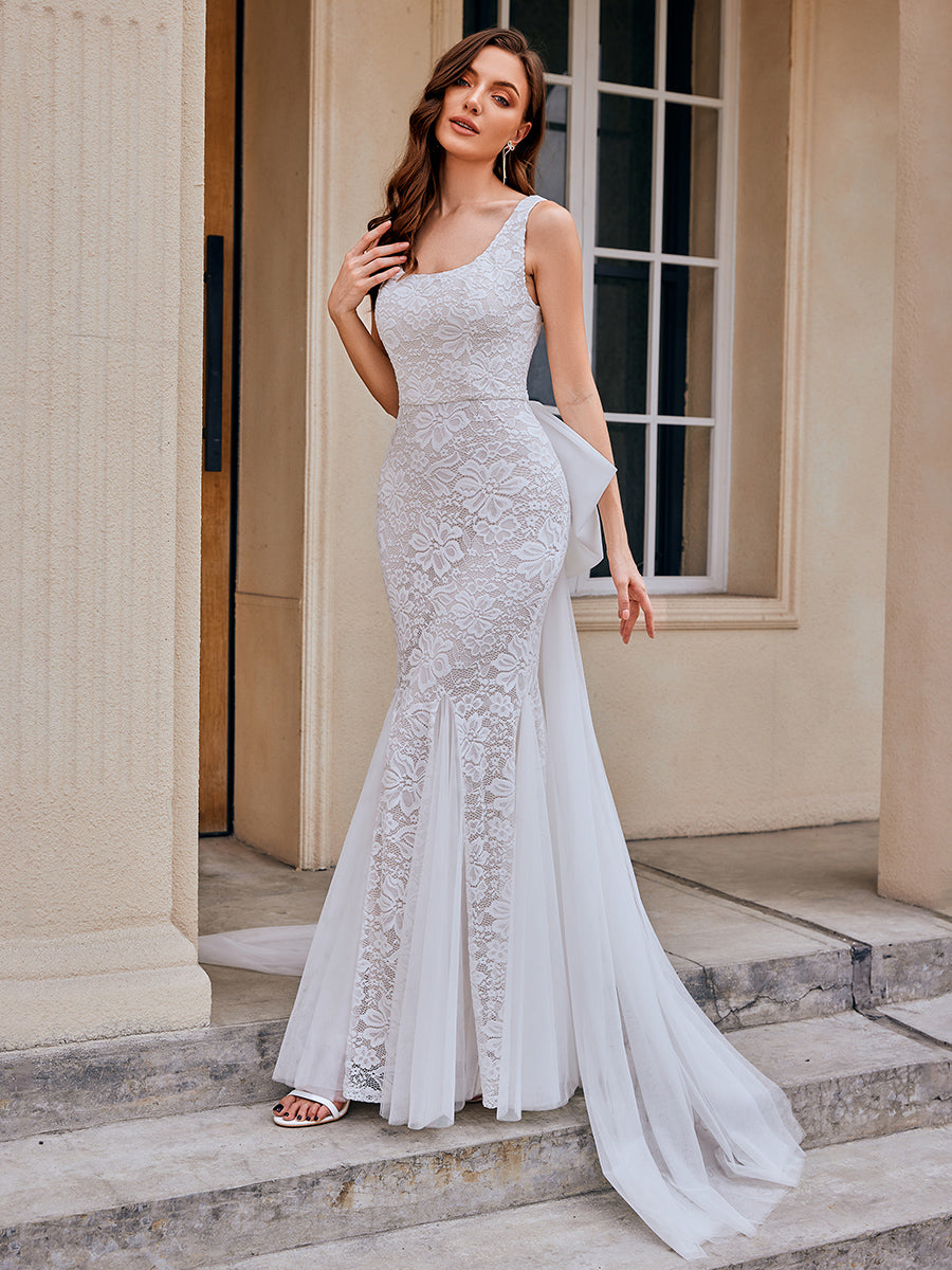 Color=Ivory | Wholesale U-Neck Sleeveless Bodycon Fishtail Floor-Length Bridal Dress-Ivory 1