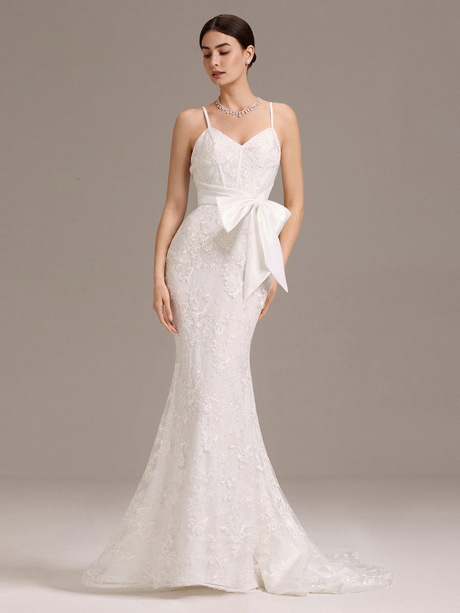 Color=White | Wholesale V-Neck Sleeveless Bodycon Fishtail Floor-Length Wedding Dress-White 1