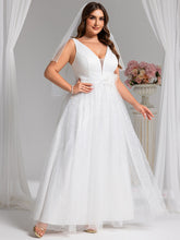 Load image into Gallery viewer, Color=White | Wholesale V-Neck Sleeveless A-Line Floor-Length Bridal Dress with Sparkle-White 4